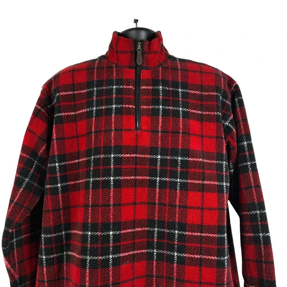 Lauren Ralph Lauren 1/4 Zip Plaid Fleece Men's Medium Red Tartan USA‎ Made VTG
